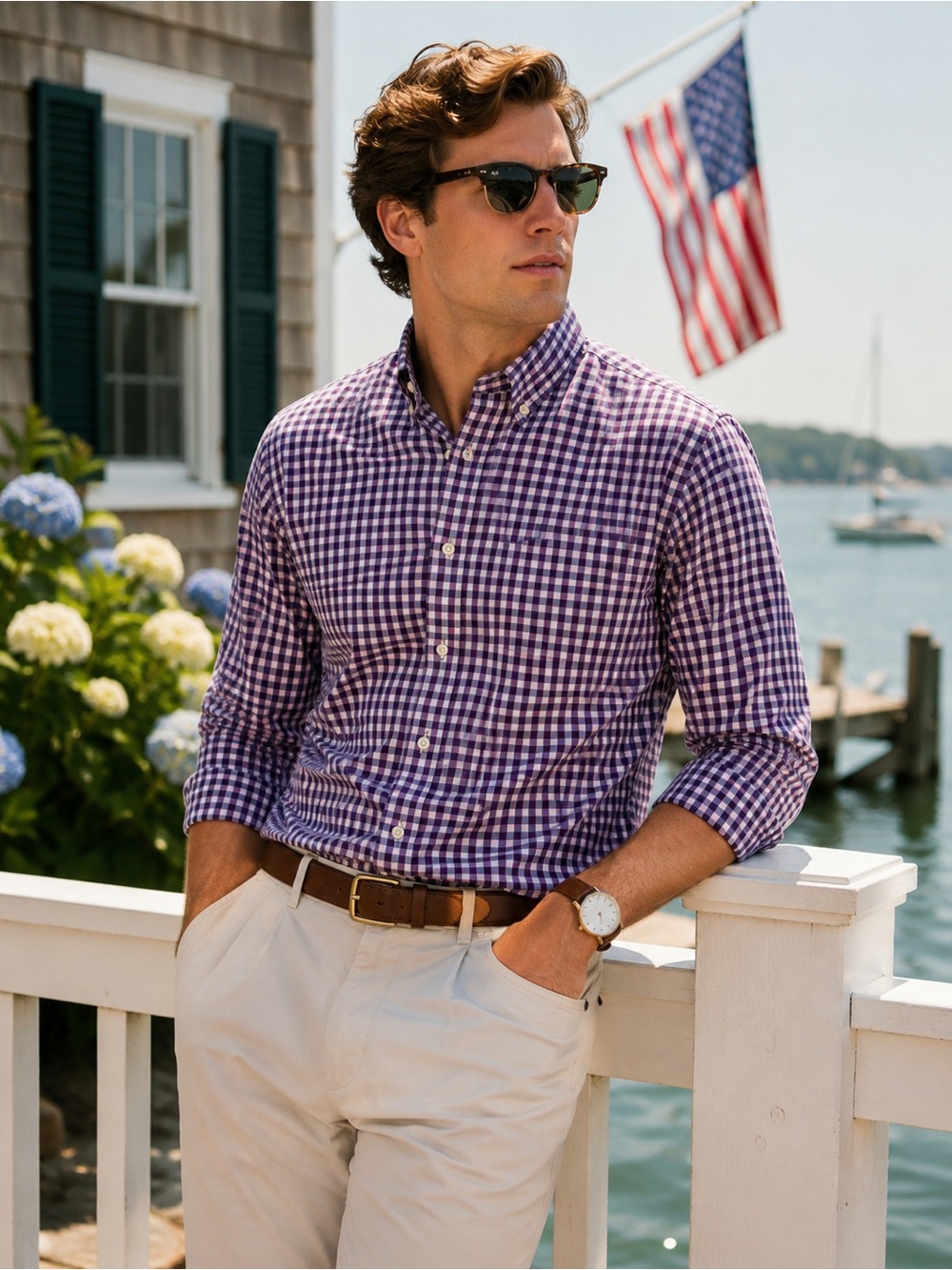 ROWM Navy Pink Gingham Button Down Shirt Men’s Large Preppy Coastal Classic